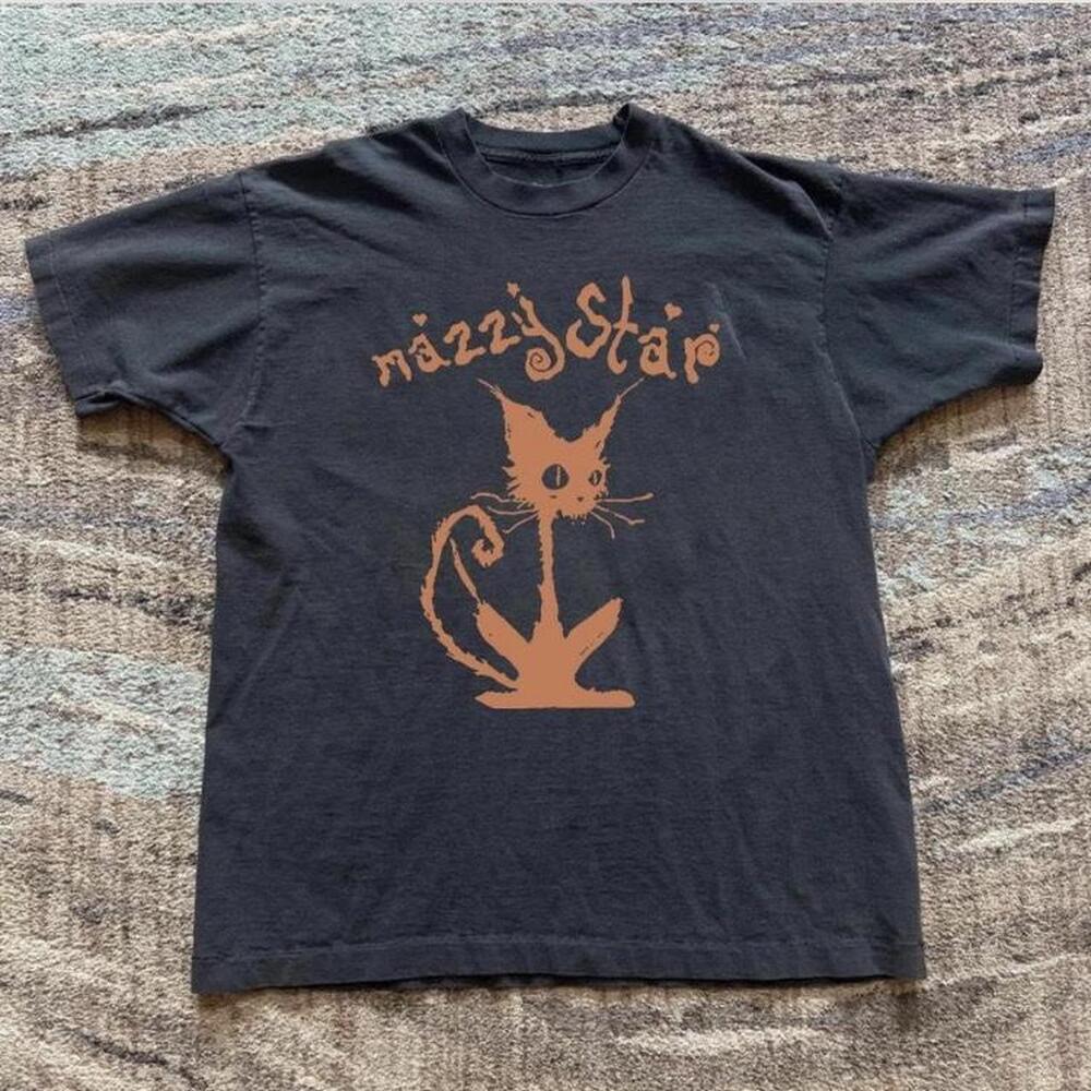 Black Mazzy Star Band Tee With Orange Cat Design